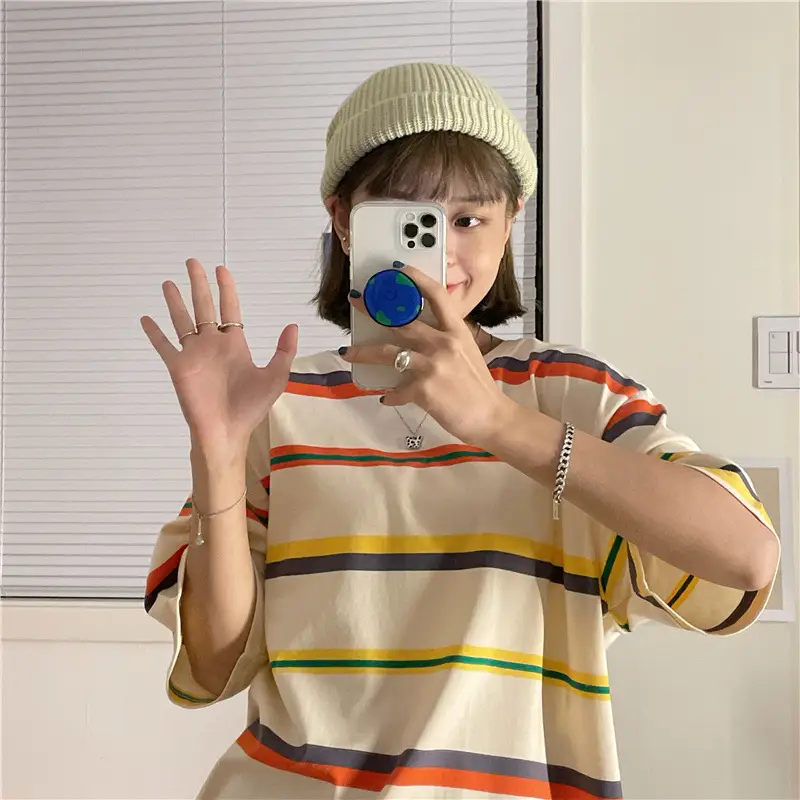 Women's Rainbow Striped T-Shirt Small Summer Casual Korean Style - Image 4