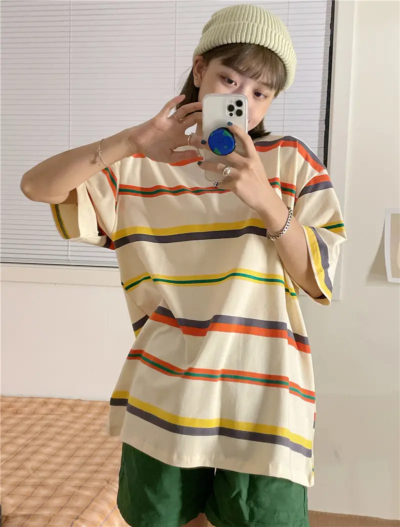 Women's Rainbow Striped T-Shirt Small Summer Casual Korean Style - Image 5