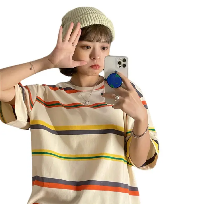 Women's Rainbow Striped T-Shirt Small Summer Casual Korean Style - Image 7