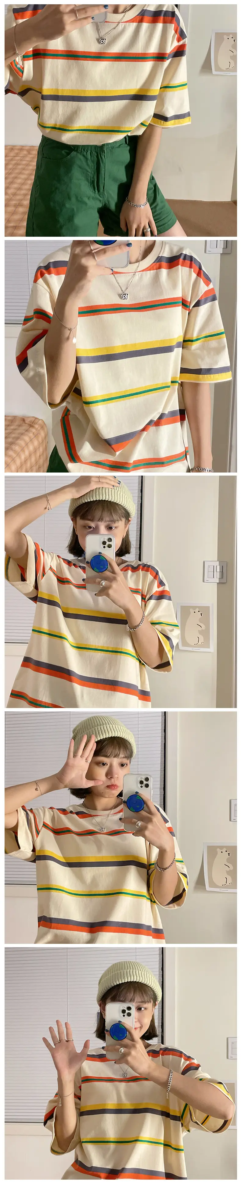 Women's Rainbow Striped T-Shirt Small Summer Casual Korean Style — feature 4