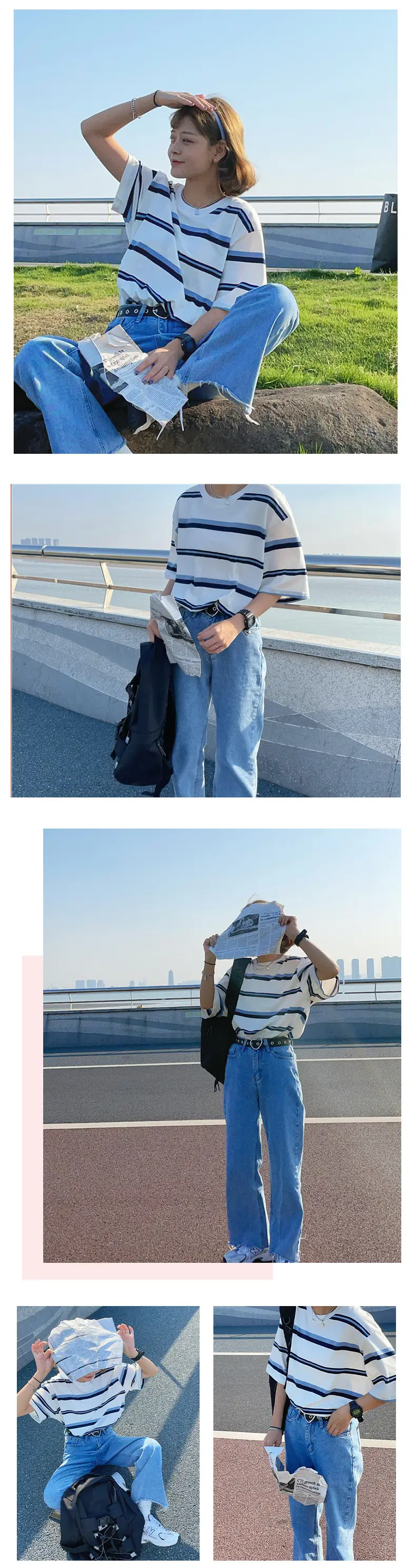 Women's Rainbow Striped T-Shirt Small Summer Casual Korean Style — feature 5