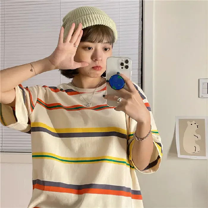Women's Rainbow Striped T-Shirt Small Summer Casual Korean Style - Image 2