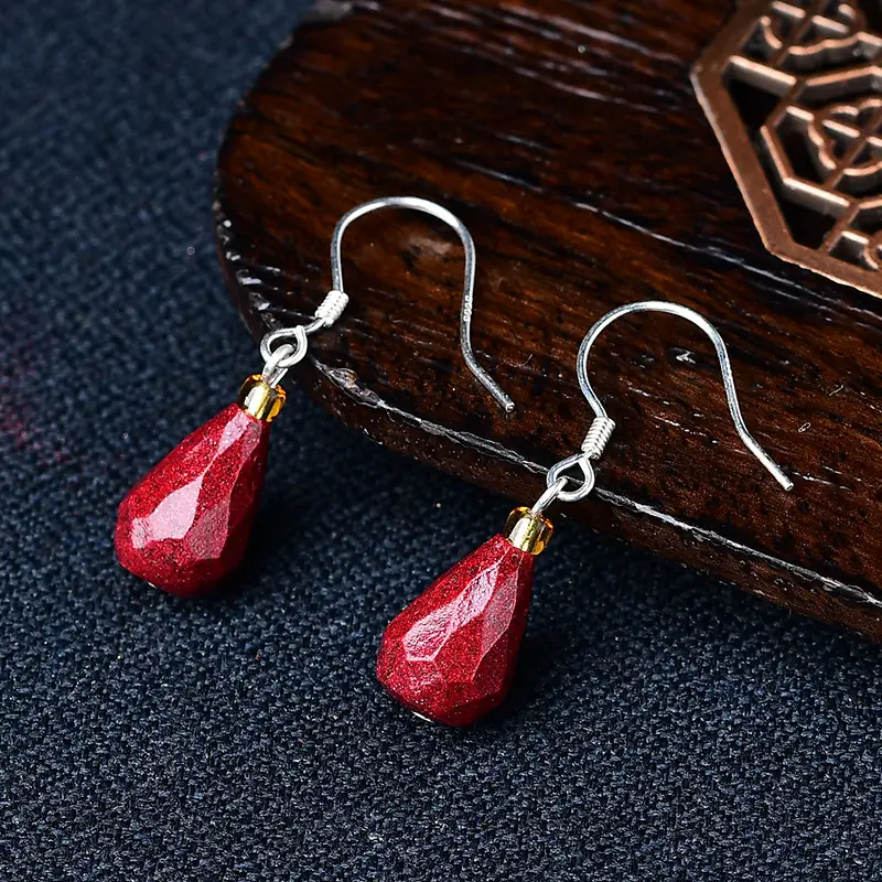 S925 Silver Cinnabar Water Drop Earrings - Image 3