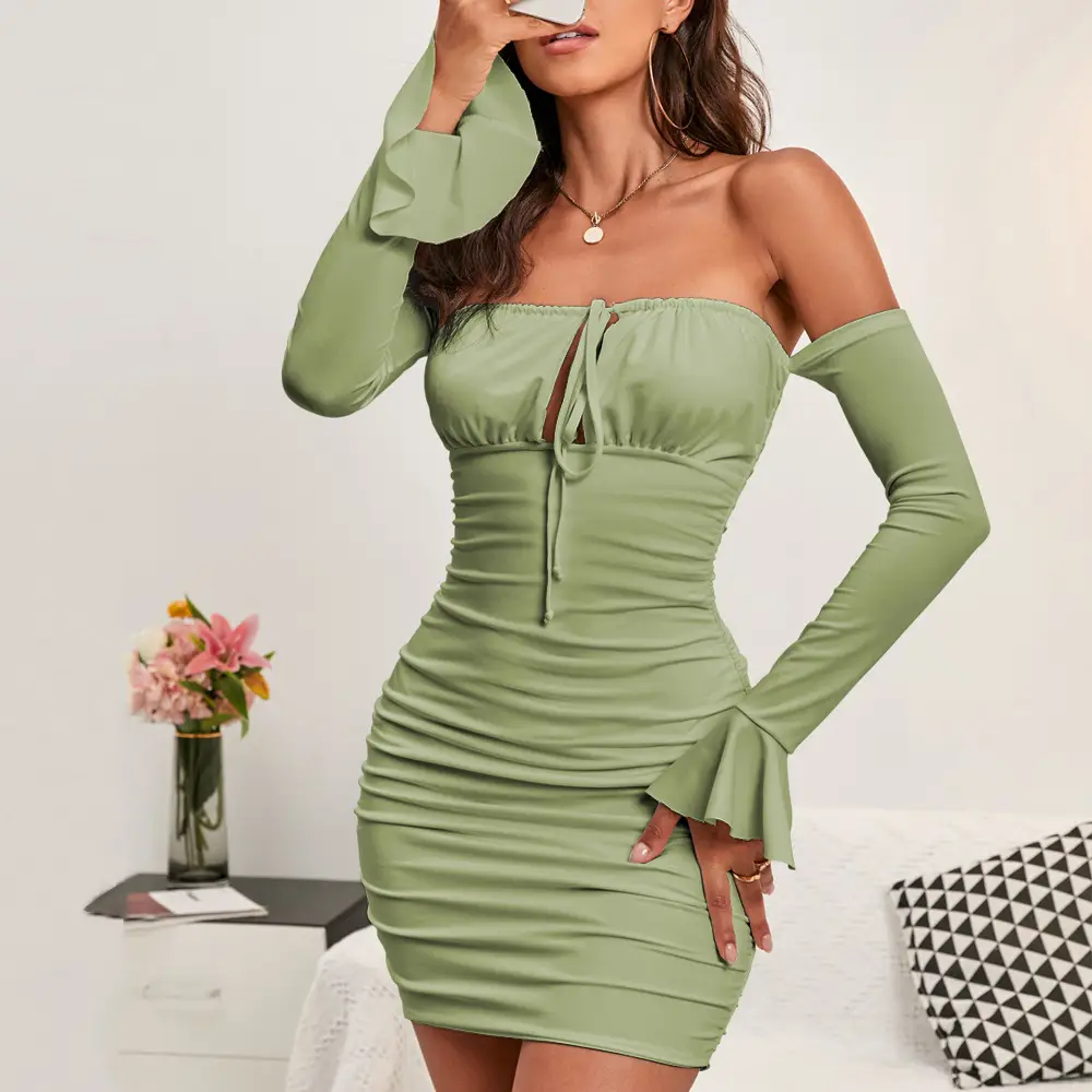 2025 Women's Crossbody Long Sleeve Braided Dress Brown - Image 3