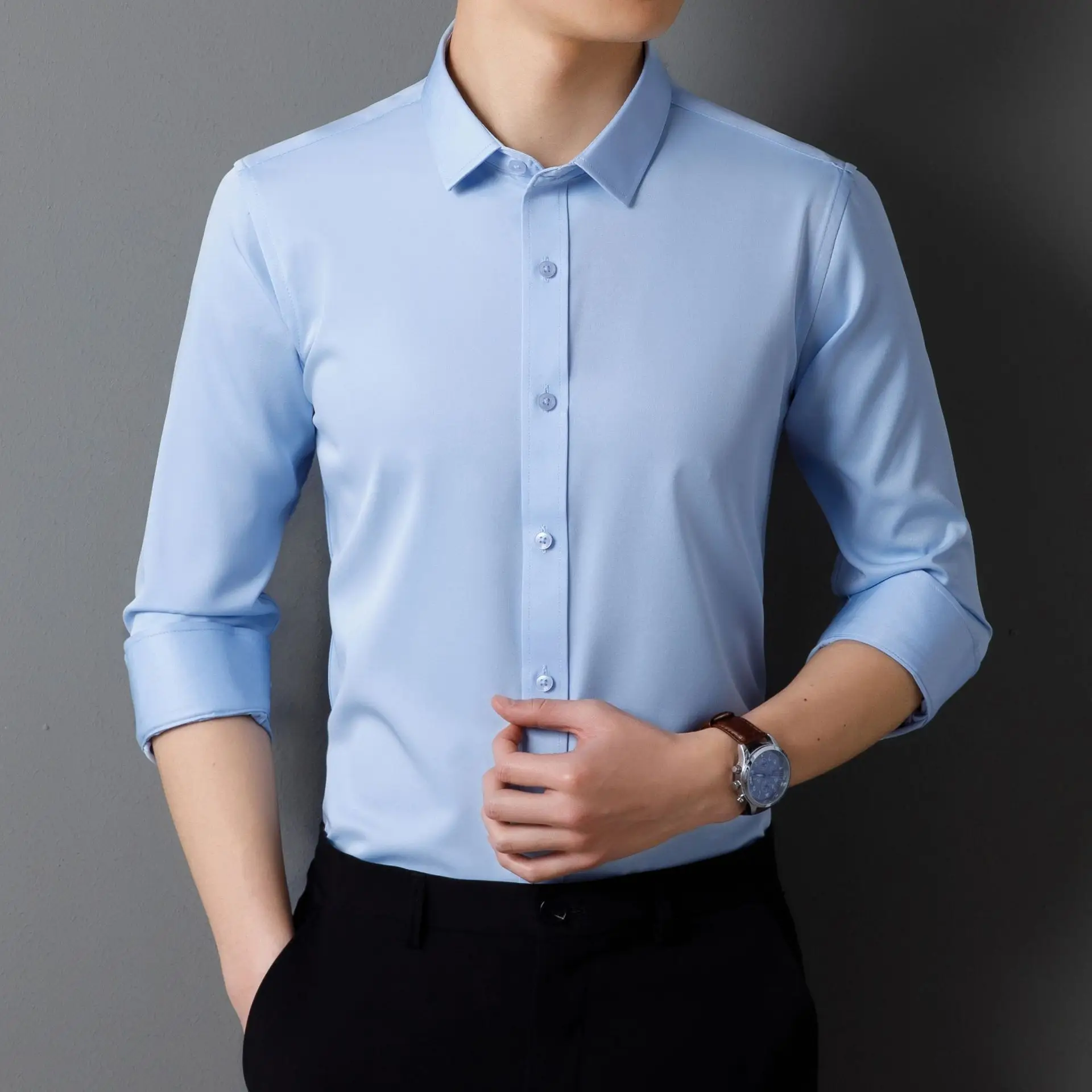 Men's Maroon Long Sleeve Button Shirt Solid Color - Image 13