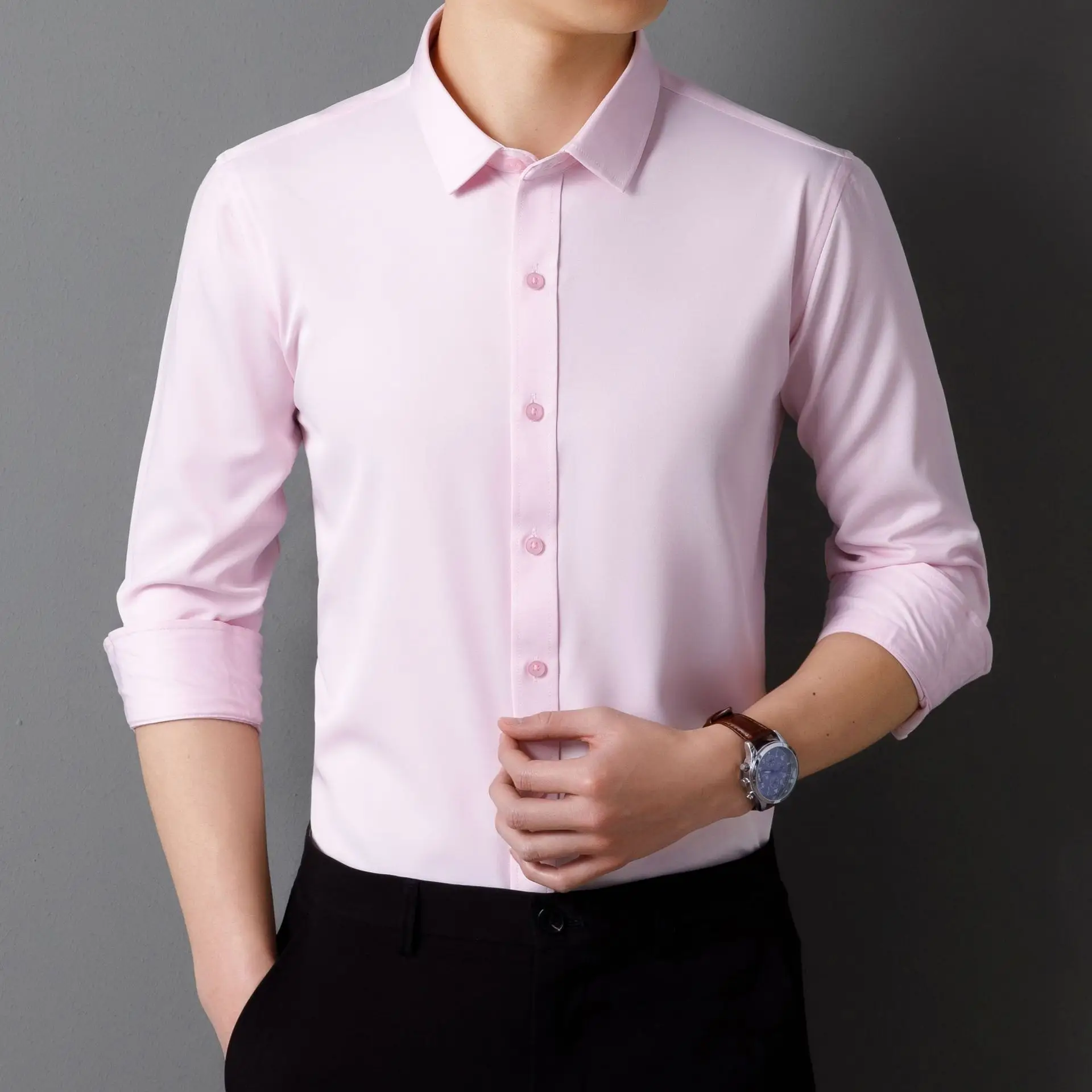 Men's Maroon Long Sleeve Button Shirt Solid Color - Image 14