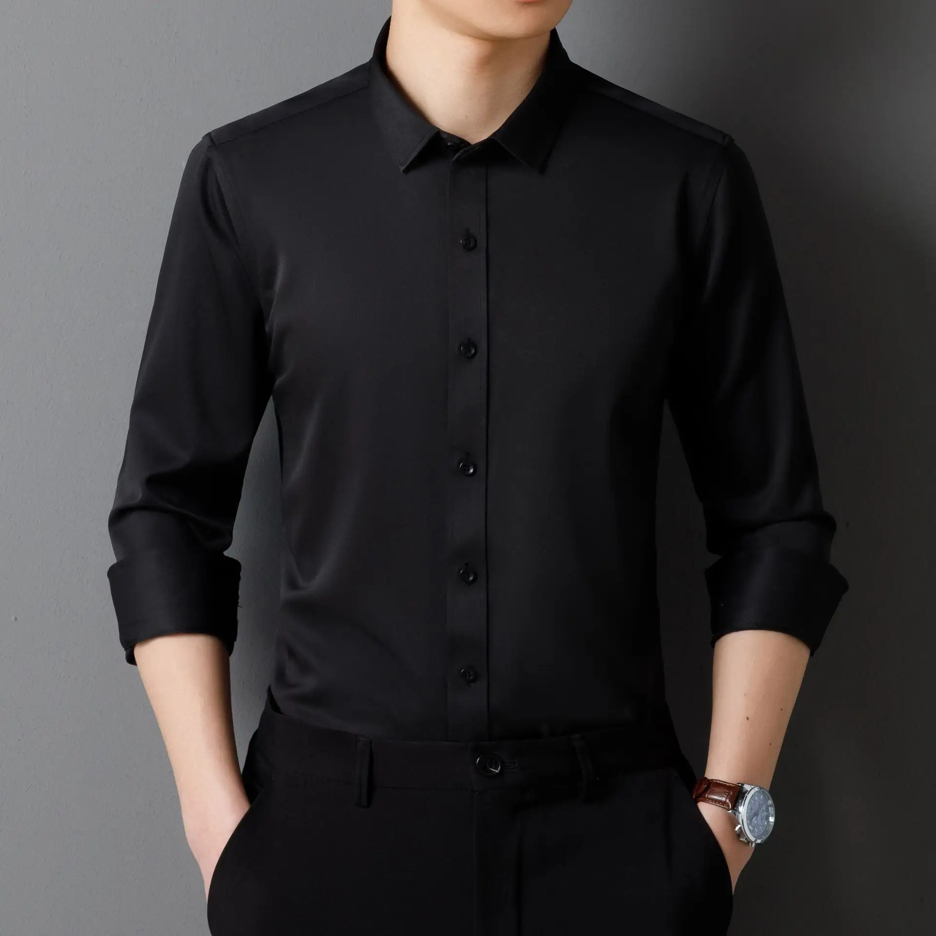 Men's Maroon Long Sleeve Button Shirt Solid Color - Image 15