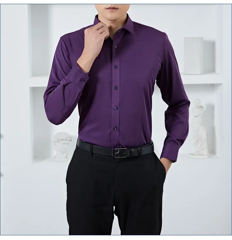 Men's Maroon Long Sleeve Button Shirt Solid Color — feature 11