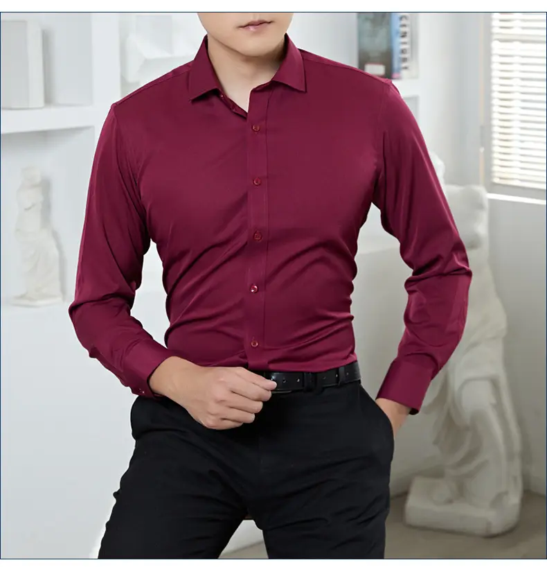 Men's Maroon Long Sleeve Button Shirt Solid Color — feature 9