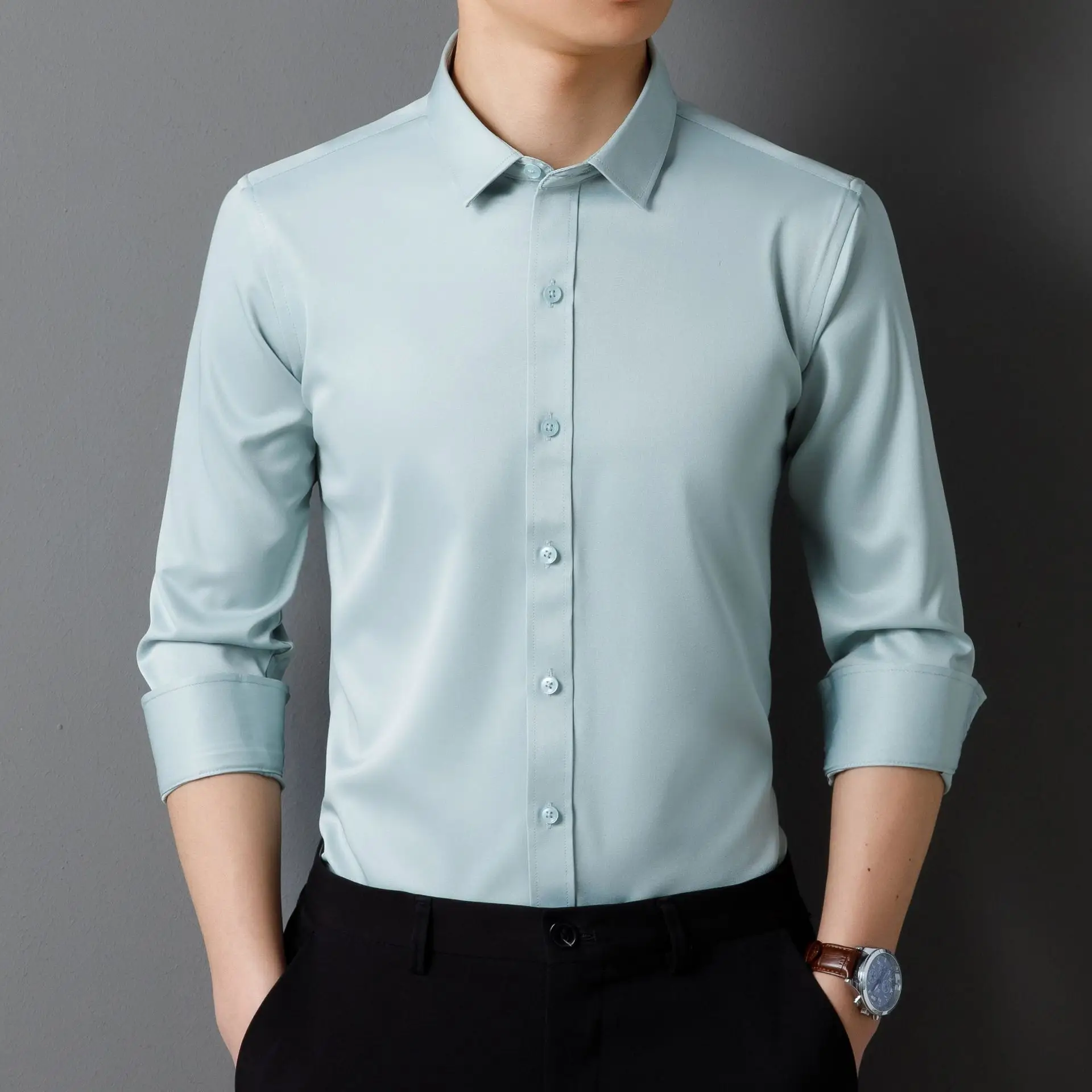Men's Maroon Long Sleeve Button Shirt Solid Color - Image 10