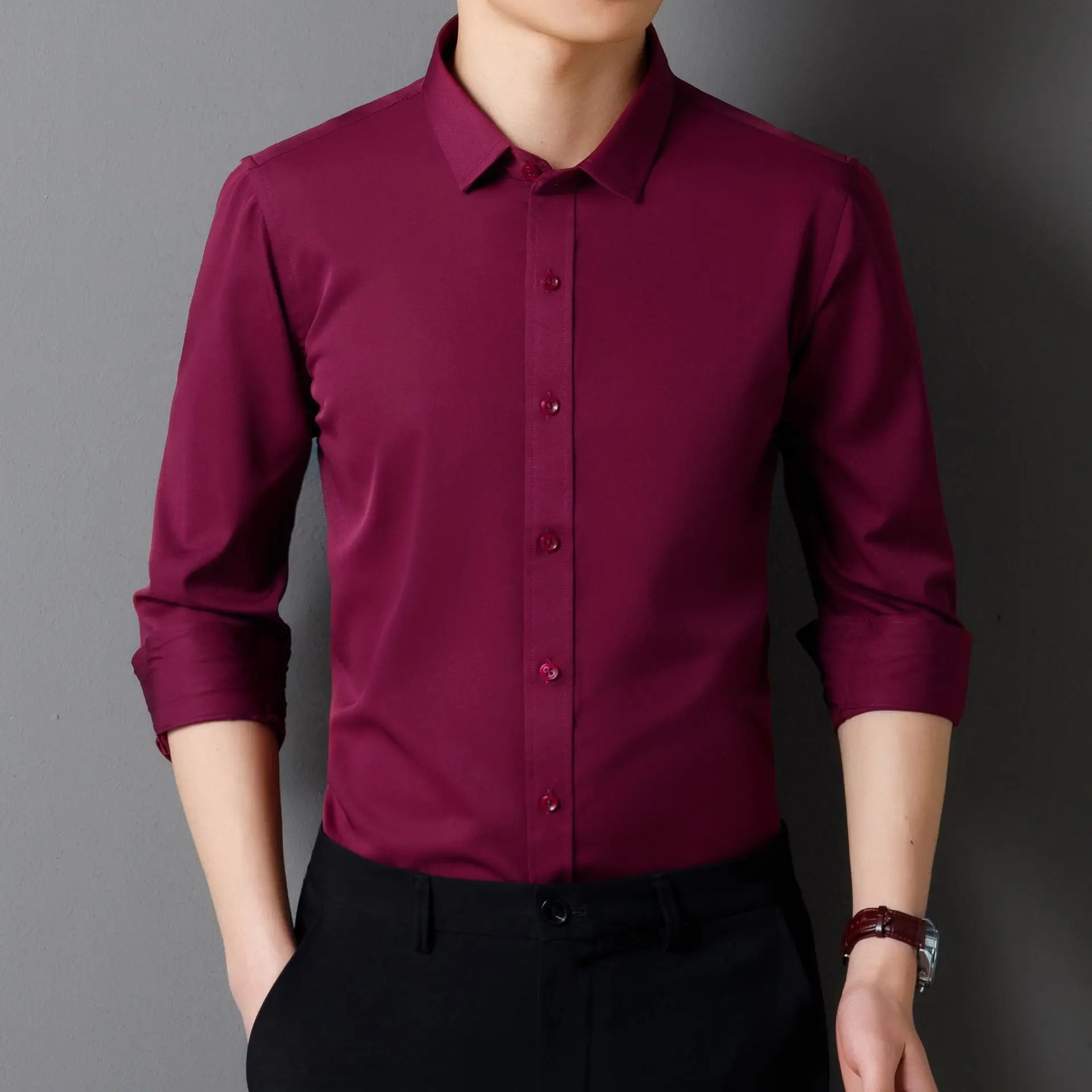 Men's Maroon Long Sleeve Button Shirt Solid Color - Image 3