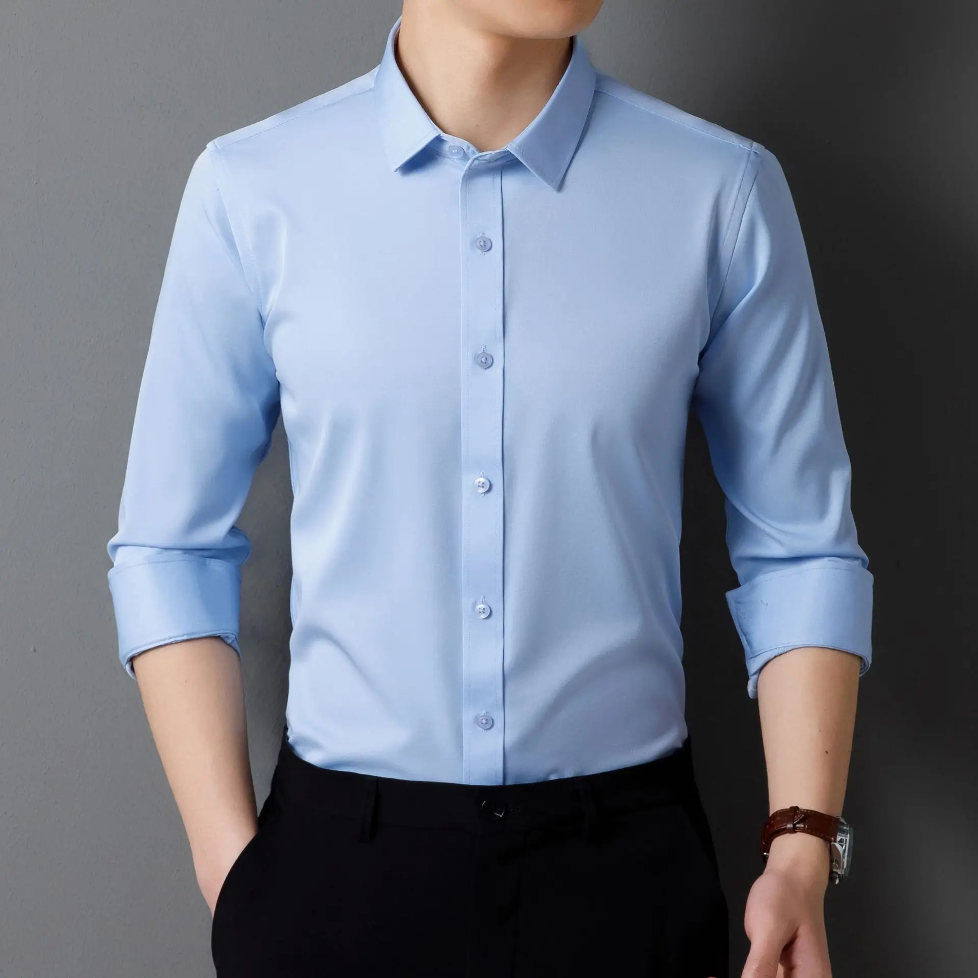 Men's Maroon Long Sleeve Button Shirt Solid Color - Image 4