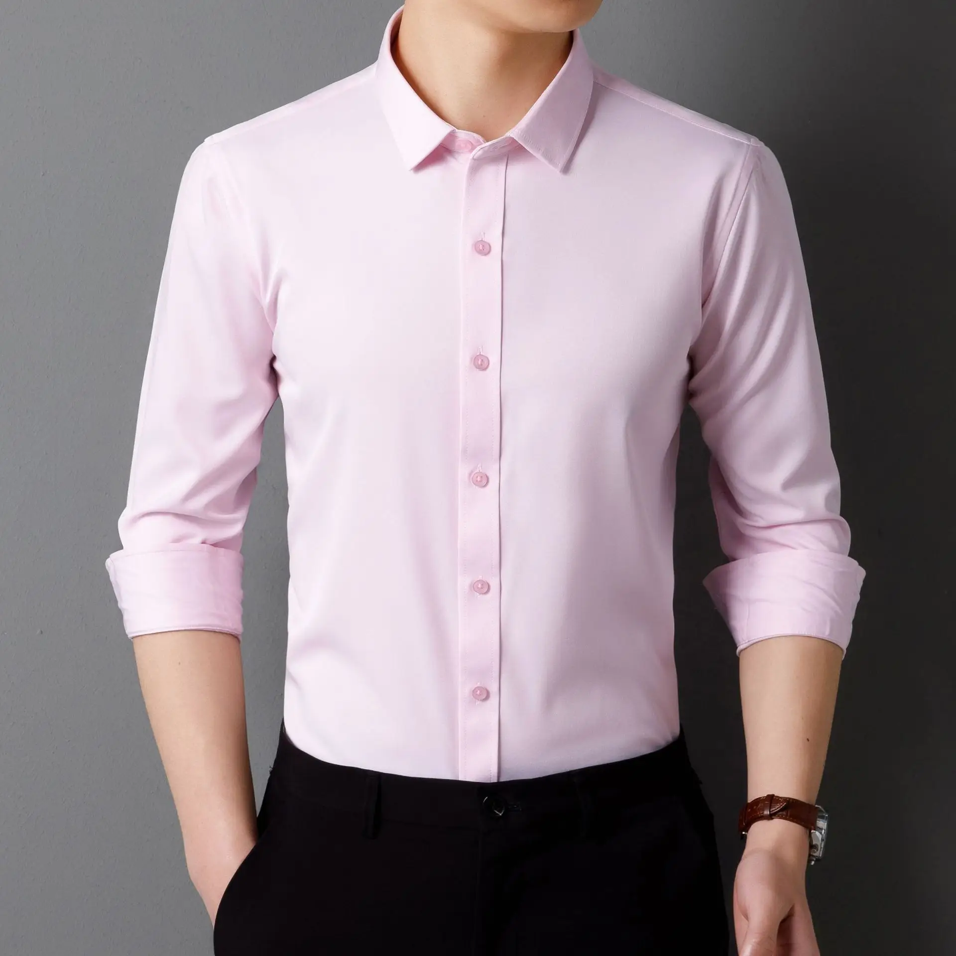 Men's Maroon Long Sleeve Button Shirt Solid Color - Image 7