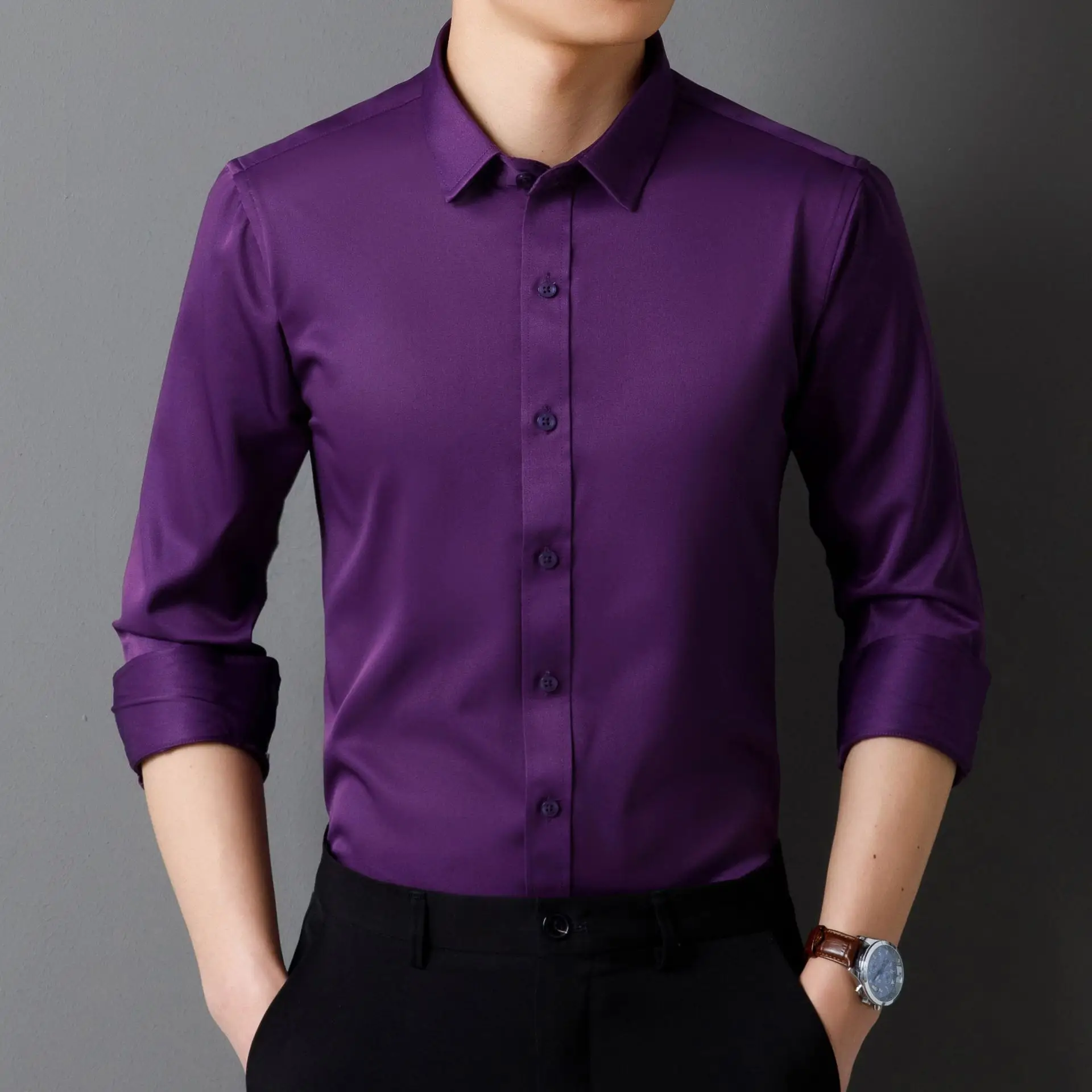 Men's Maroon Long Sleeve Button Shirt Solid Color - Image 8