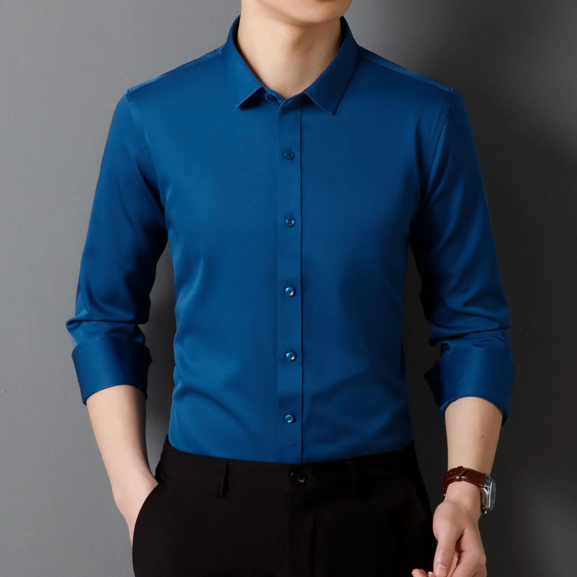 Men's Maroon Long Sleeve Button Shirt Solid Color - Image 9