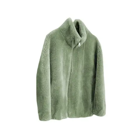 Women's Green Fleece Coat with Zipper Collar & Fleece Lining