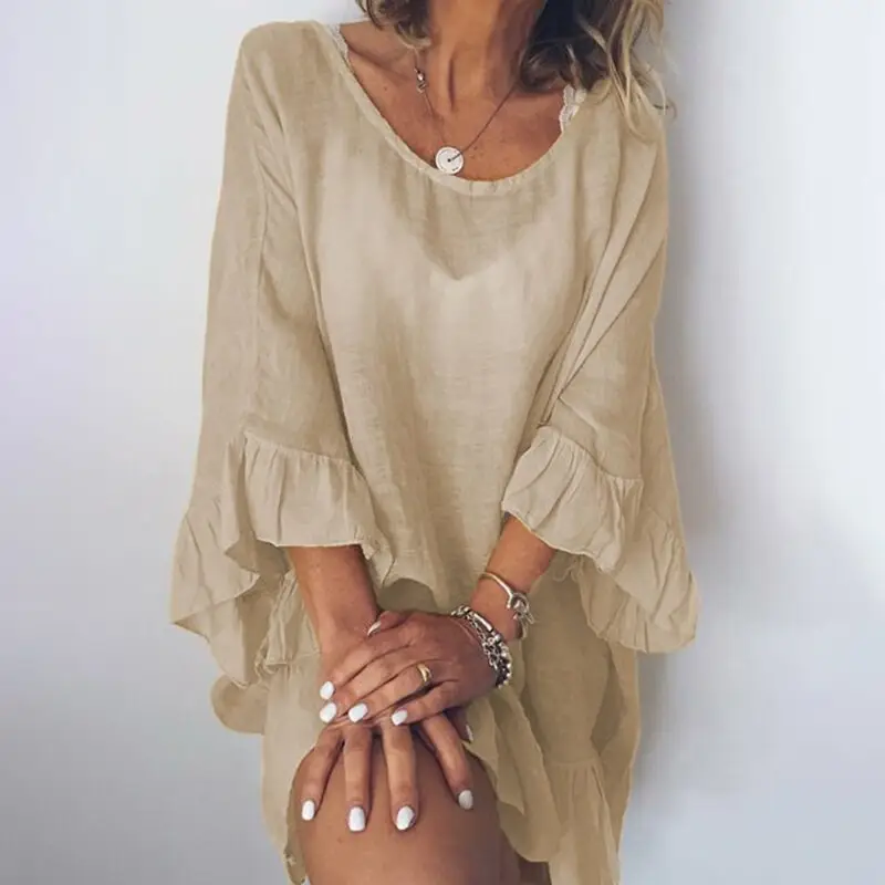 Women's Blue Loose Summer Beach Dress Mid Sleeve