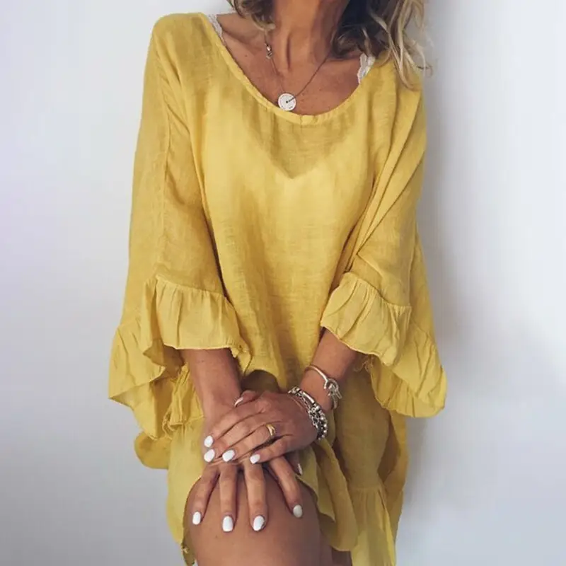 Women's Blue Loose Summer Beach Dress Mid Sleeve