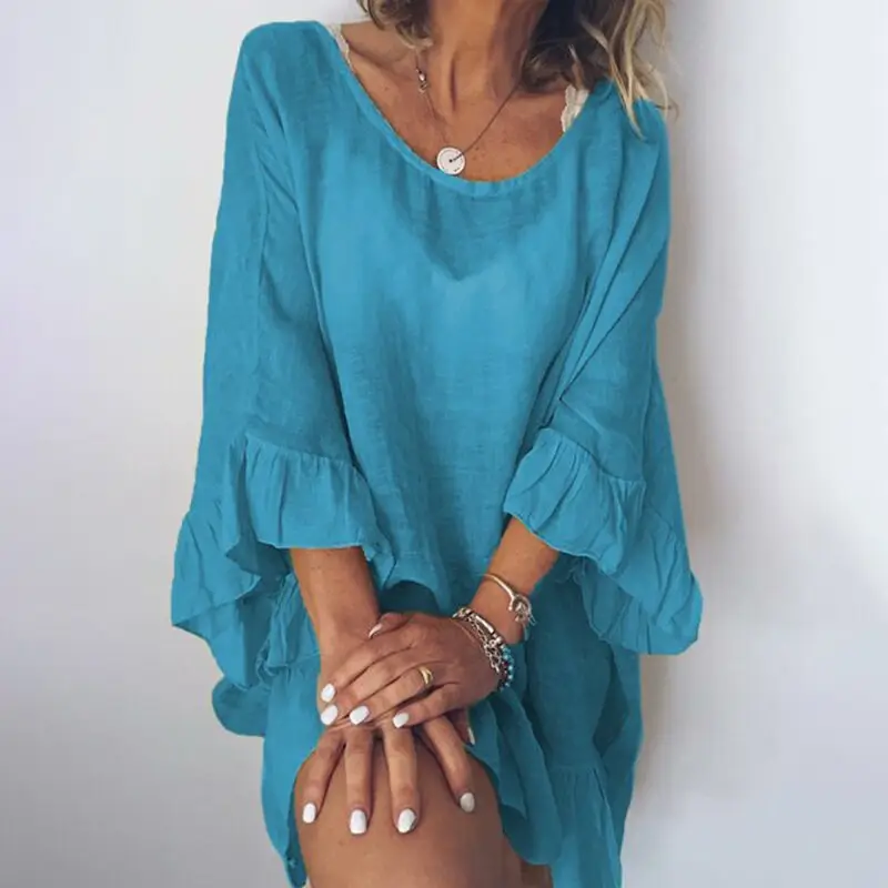 Women's Blue Loose Summer Beach Dress Mid Sleeve