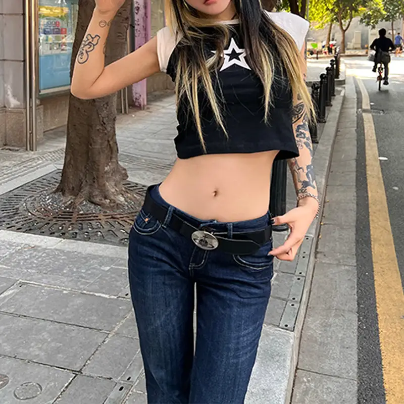Women's Black Star Crop Top with Belted Jeans - Image 4
