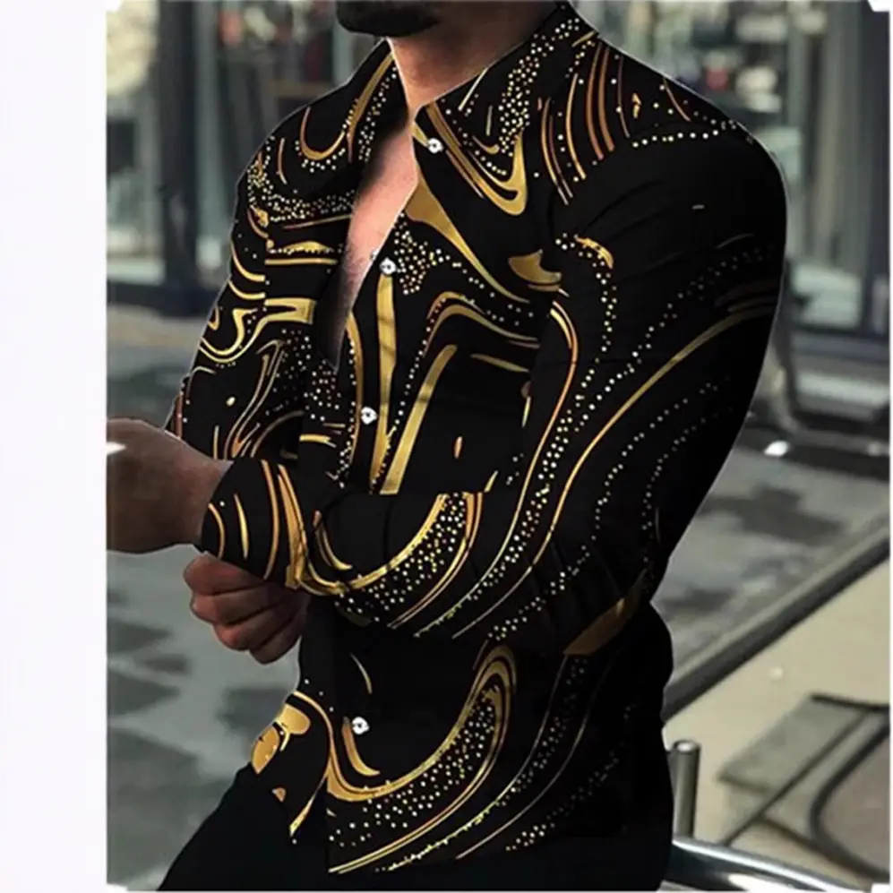 Men's Long Sleeve Printed Shirt Black Red 2022 - Image 6