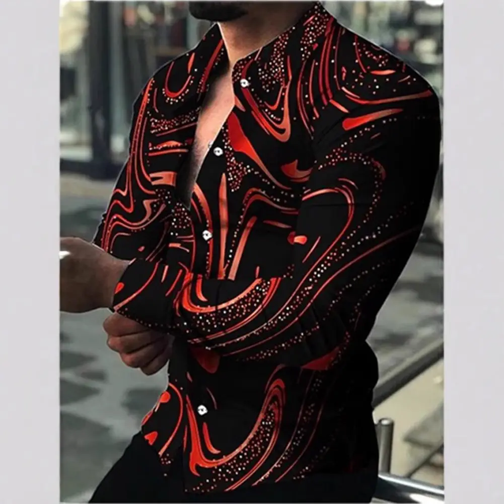 Men's Long Sleeve Printed Shirt Black Red 2022 - Image 7