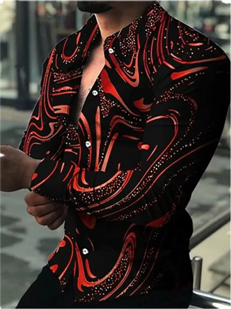 Men's Long Sleeve Printed Shirt Black Red 2022 - Image 2