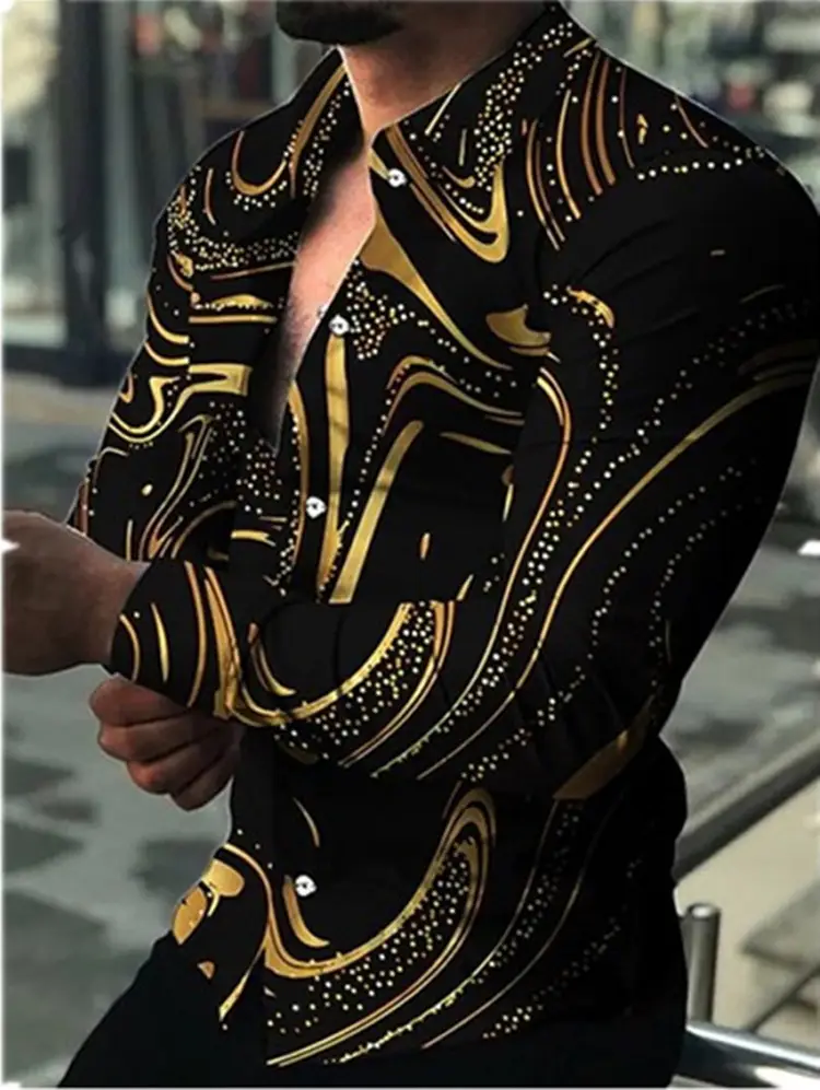 Men's Long Sleeve Printed Shirt Black Red 2022 - Image 3