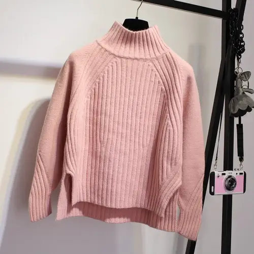 Women Long Twist Pullover Sweater Pink Thickened Korean Style - Image 2