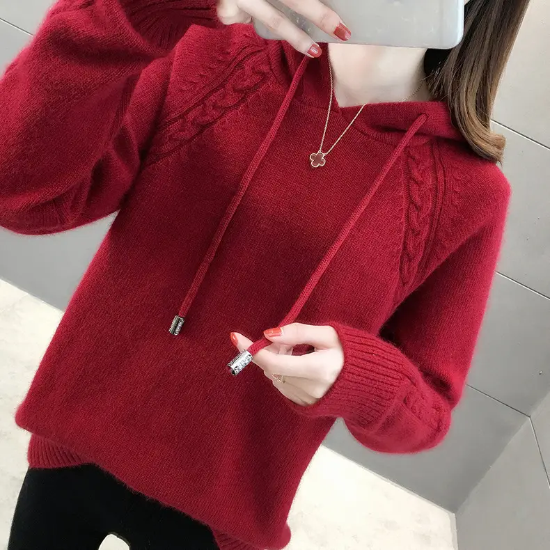 Women Pink Knitted Hooded Lazy Sweater 2025 - Image 2