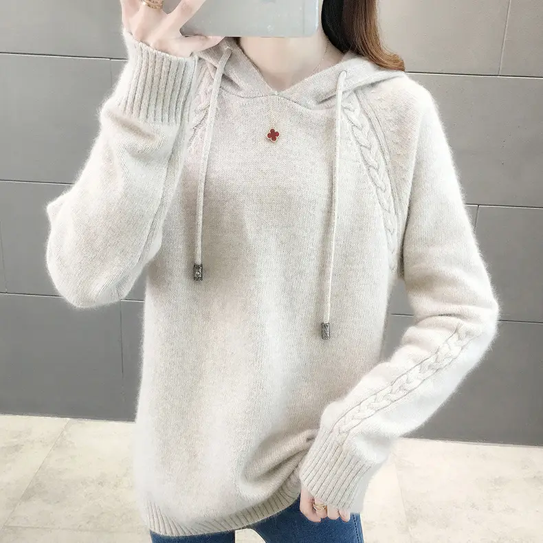 Women Pink Knitted Hooded Lazy Sweater 2025 - Image 3