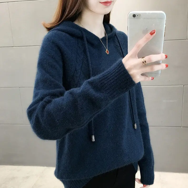 Women Pink Knitted Hooded Lazy Sweater 2025 - Image 4