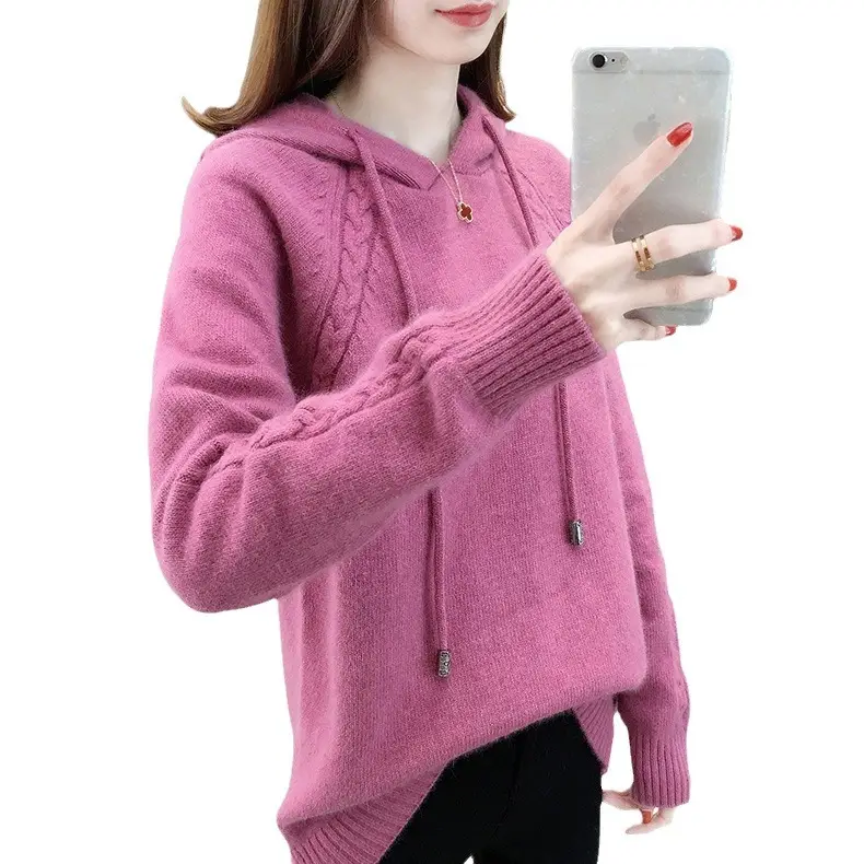 Women Pink Knitted Hooded Lazy Sweater 2025 - Image 6