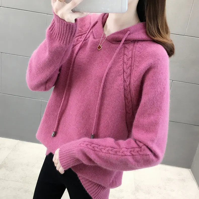 Women Pink Knitted Hooded Lazy Sweater 2025 - Image 5