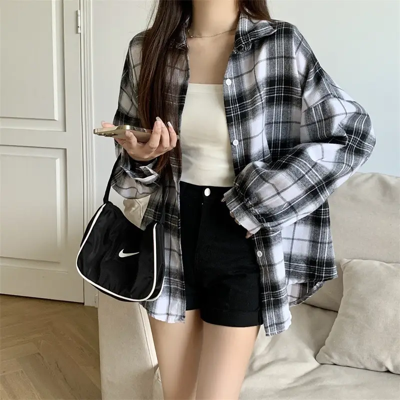 2024 Plaid Shirt Women Blue Long Sleeve Midi - Image 2