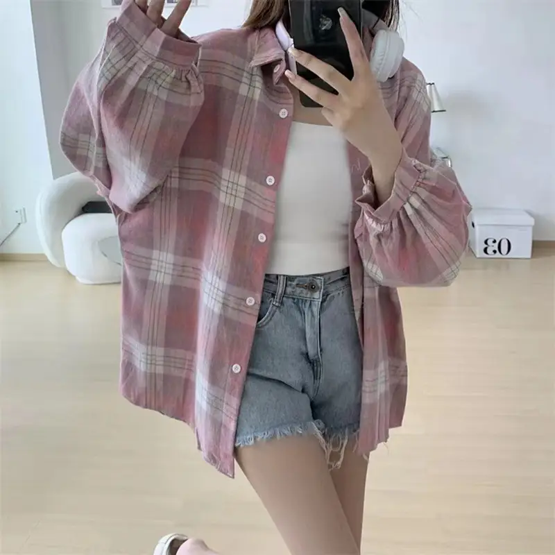 2024 Plaid Shirt Women Blue Long Sleeve Midi - Image 7