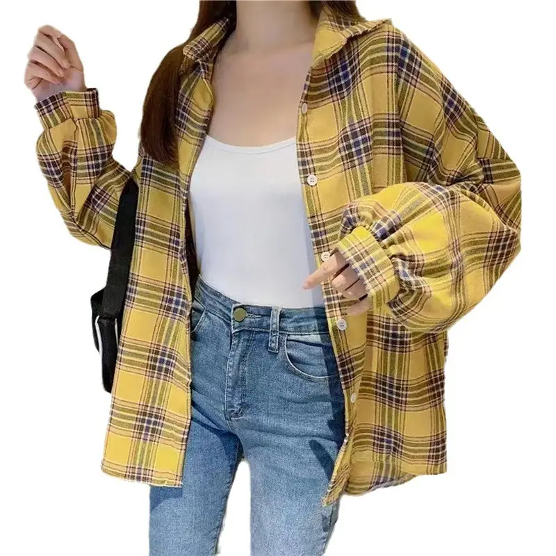 2024 Plaid Shirt Women Blue Long Sleeve Midi - Image 14