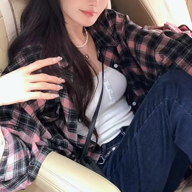 2024 Plaid Shirt Women Blue Long Sleeve Midi - Image 11