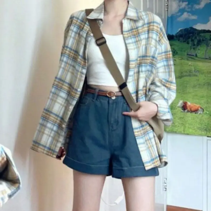 2024 Plaid Shirt Women Blue Long Sleeve Midi - Image 12