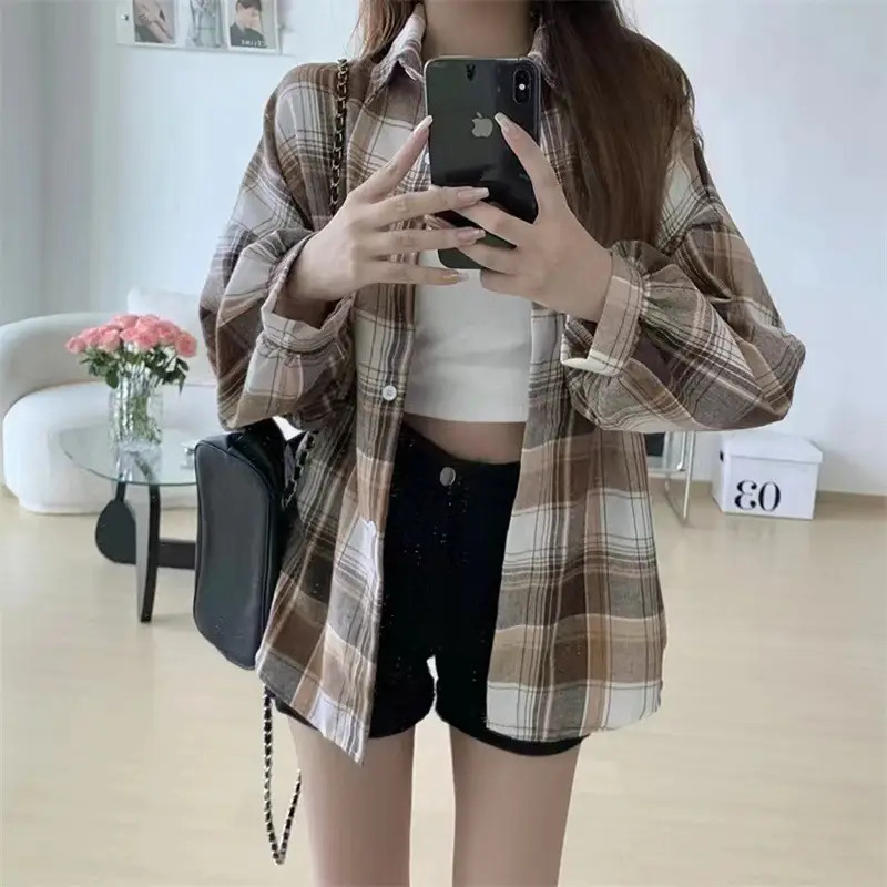 2024 Plaid Shirt Women Blue Long Sleeve Midi - Image 6