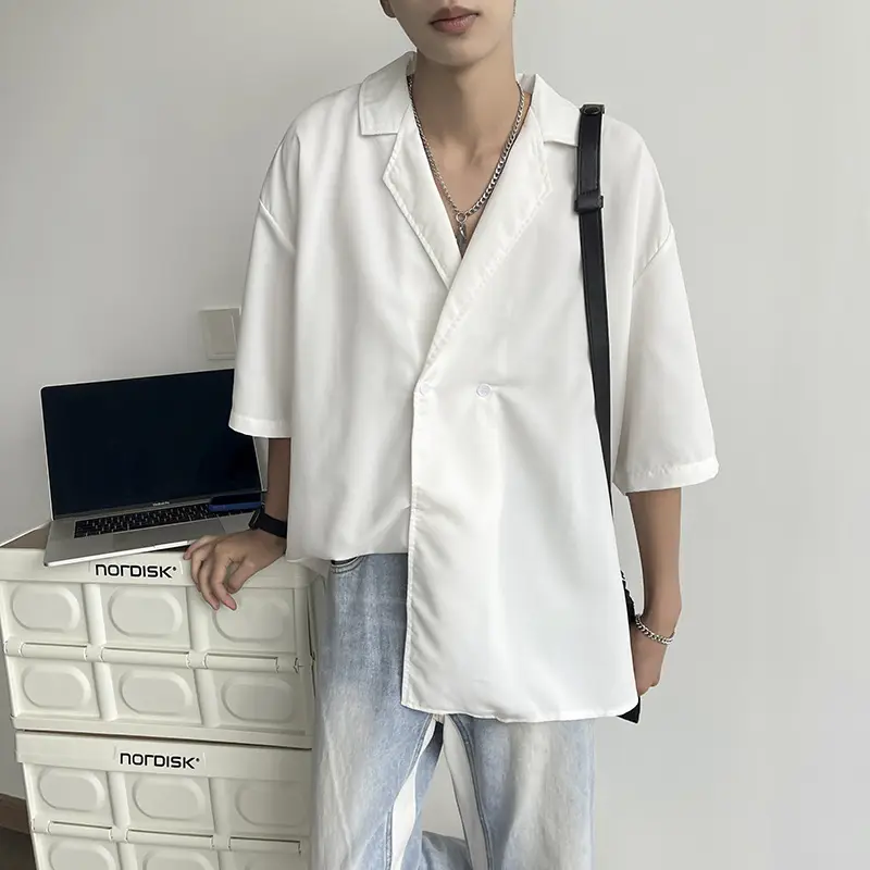 Men's Black Korean Style Collar Shirt with Loose Drape - Image 5