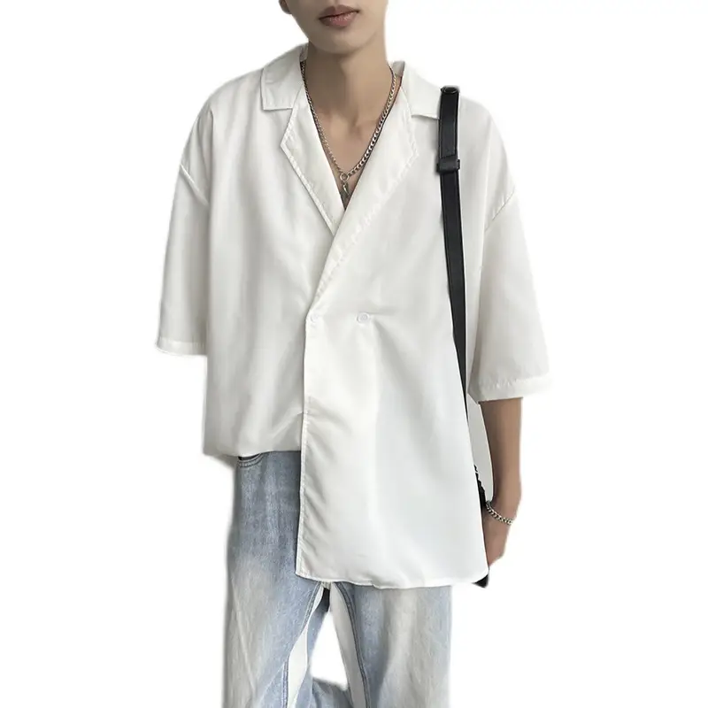 Men's Black Korean Style Collar Shirt with Loose Drape - Image 8