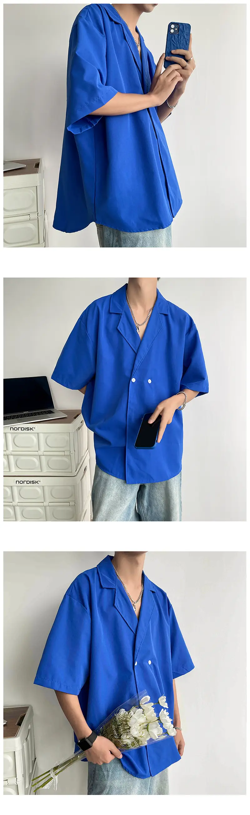 Men's Black Korean Style Collar Shirt with Loose Drape — feature 18