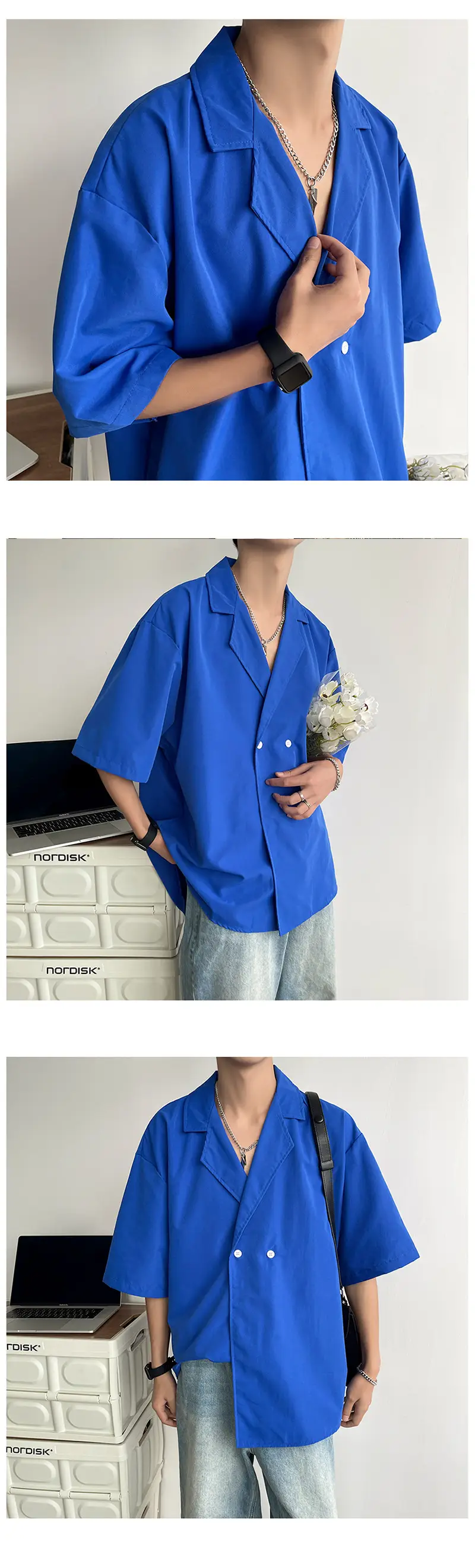 Men's Black Korean Style Collar Shirt with Loose Drape — feature 19
