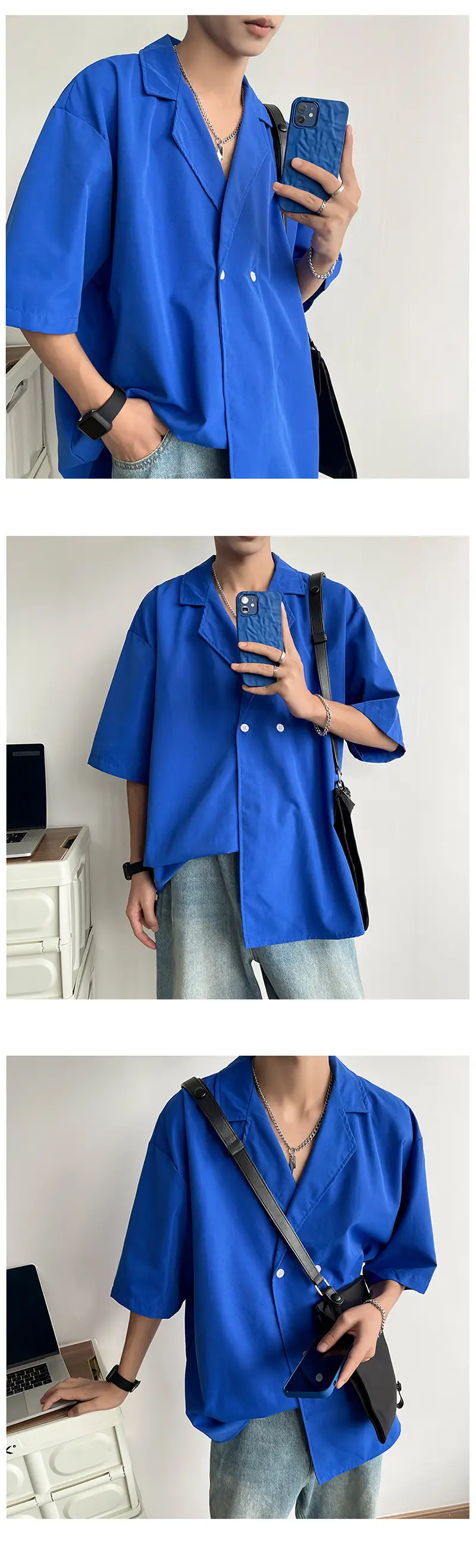 Men's Black Korean Style Collar Shirt with Loose Drape — feature 21