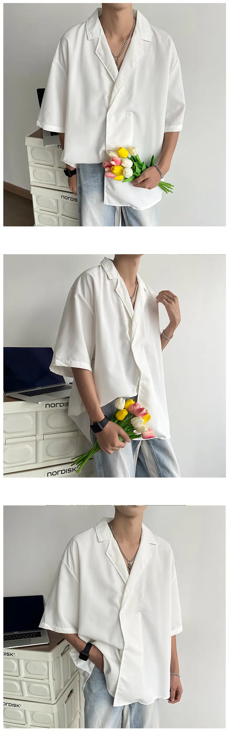 Men's Black Korean Style Collar Shirt with Loose Drape — feature 22