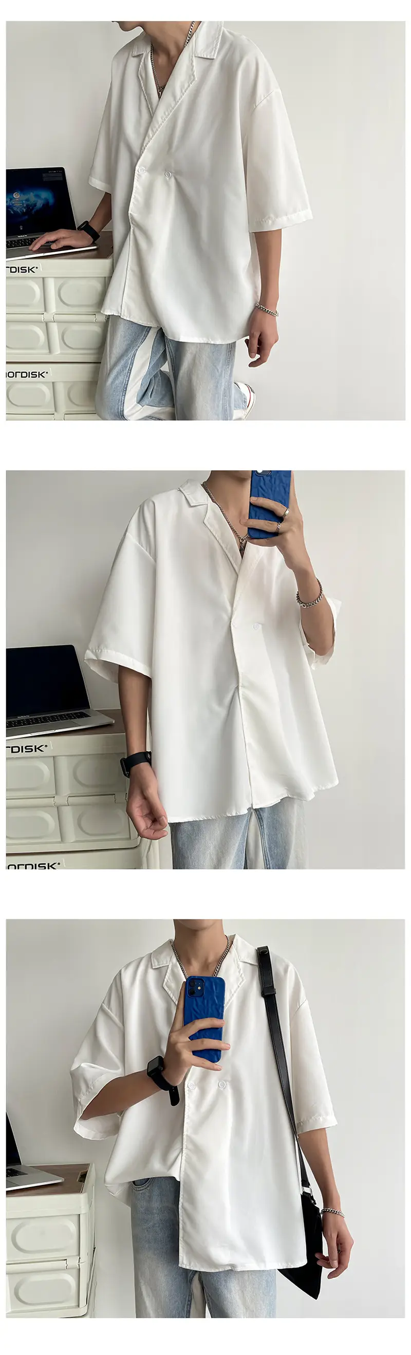 Men's Black Korean Style Collar Shirt with Loose Drape — feature 23