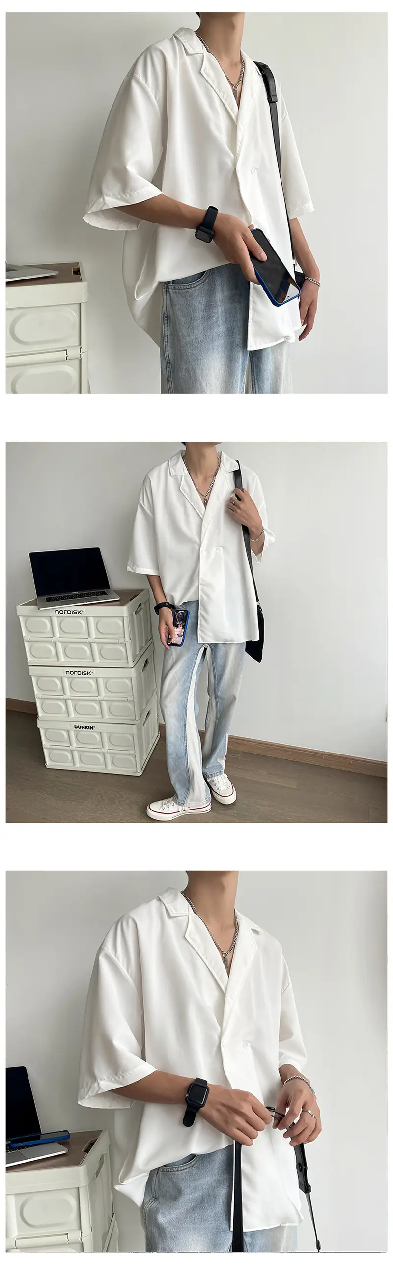 Men's Black Korean Style Collar Shirt with Loose Drape — feature 24