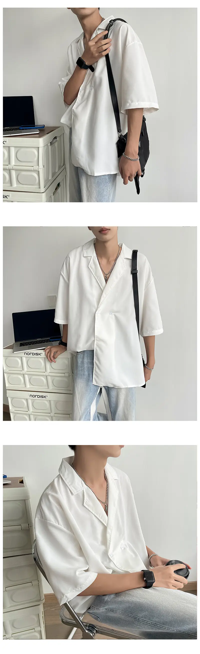 Men's Black Korean Style Collar Shirt with Loose Drape — feature 25
