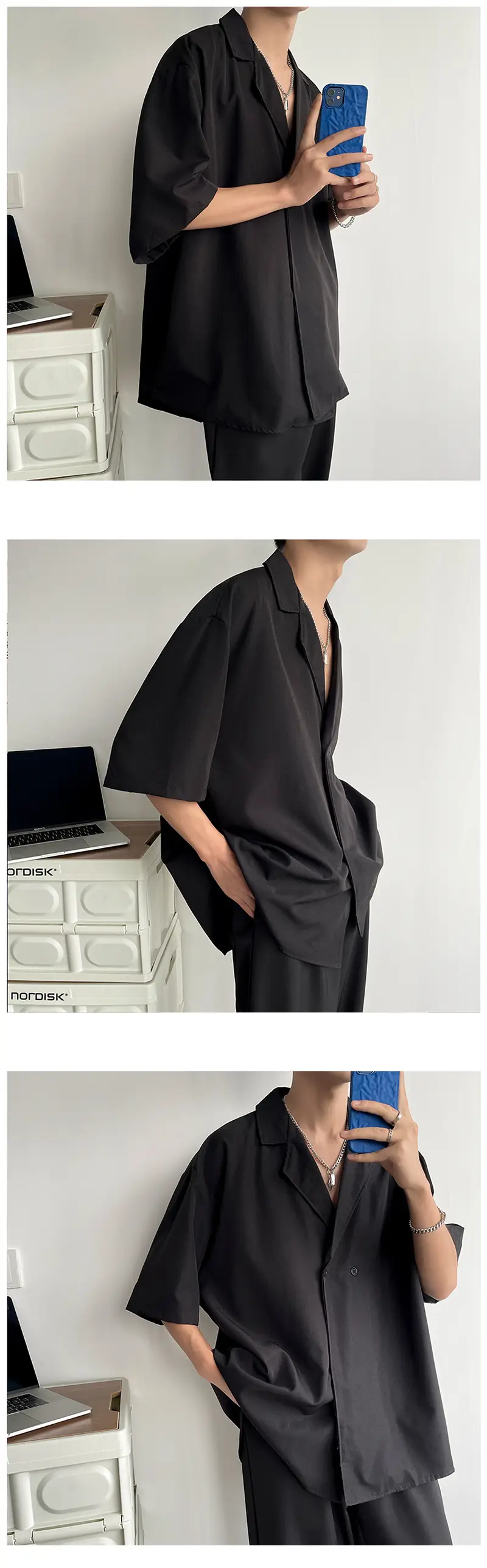 Men's Black Korean Style Collar Shirt with Loose Drape — feature 26
